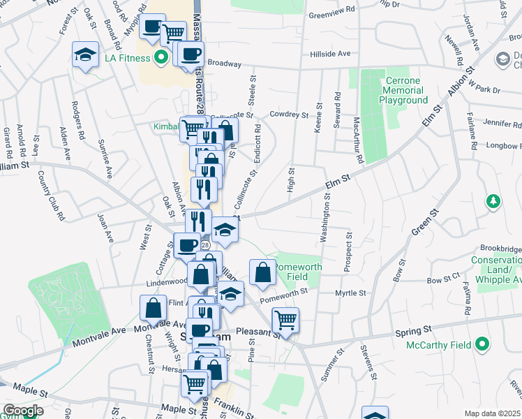 map of restaurants, bars, coffee shops, grocery stores, and more near 48 Elm Street in Stoneham