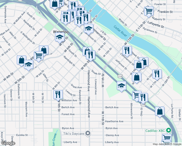 map of restaurants, bars, coffee shops, grocery stores, and more near 205 Hammond Avenue in Waterloo