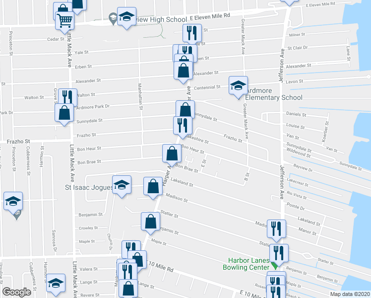 map of restaurants, bars, coffee shops, grocery stores, and more near 21518 Bon Heur Street in St. Clair Shores