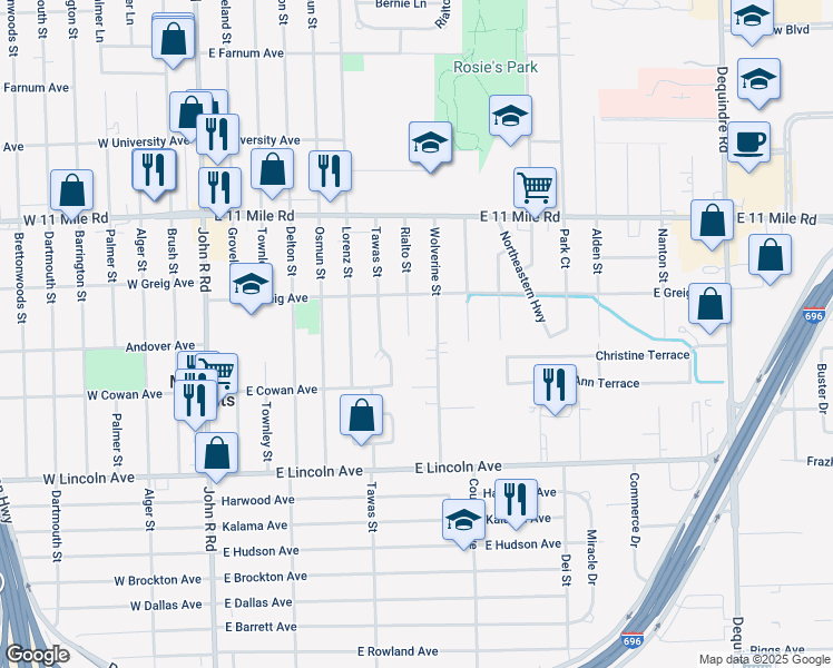 map of restaurants, bars, coffee shops, grocery stores, and more near 26402 Rialto Street in Madison Heights