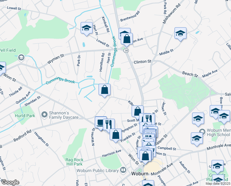 map of restaurants, bars, coffee shops, grocery stores, and more near 41 Kilby Street in Woburn