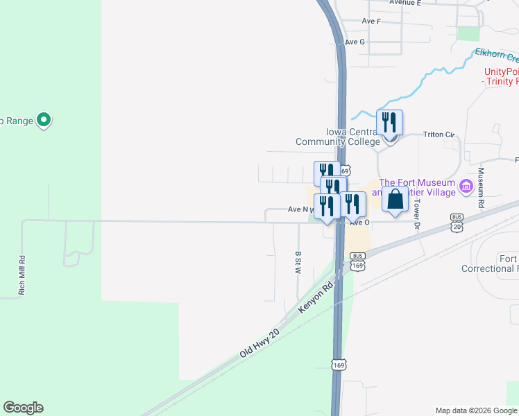 map of restaurants, bars, coffee shops, grocery stores, and more near 1400 D Street West in Fort Dodge