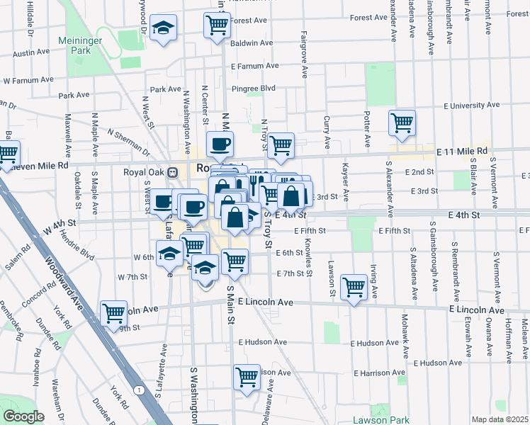 map of restaurants, bars, coffee shops, grocery stores, and more near 269 East 4th Street in Royal Oak
