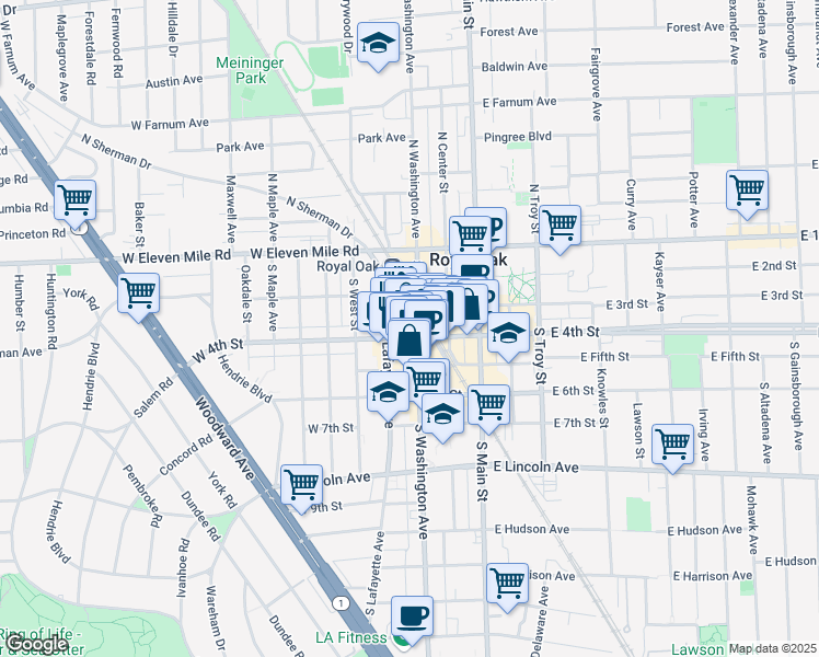 map of restaurants, bars, coffee shops, grocery stores, and more near 319 South Washington Avenue in Royal Oak