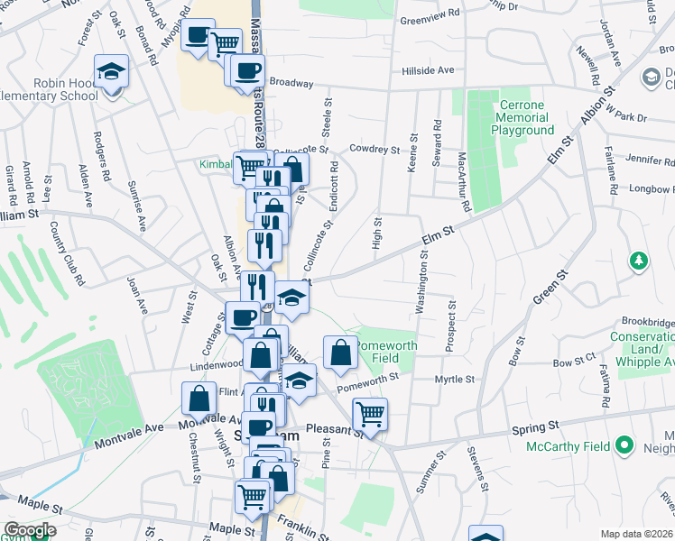 map of restaurants, bars, coffee shops, grocery stores, and more near 48 Elm Street in Stoneham