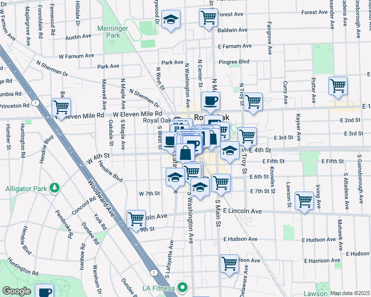 map of restaurants, bars, coffee shops, grocery stores, and more near 319 South Washington Avenue in Royal Oak