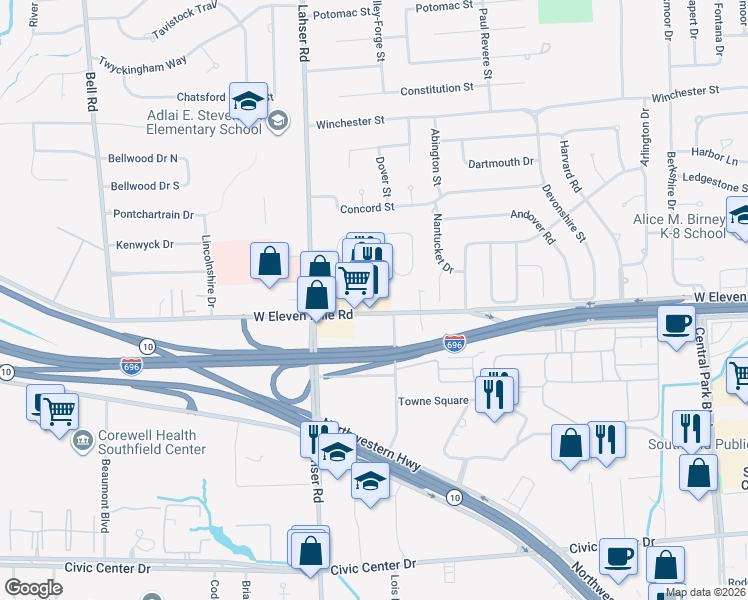 map of restaurants, bars, coffee shops, grocery stores, and more near 21700 West Eleven Mile Road in Southfield