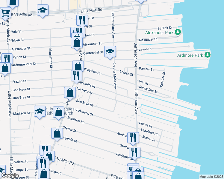 map of restaurants, bars, coffee shops, grocery stores, and more near 21909 Lakeshire Street in St. Clair Shores