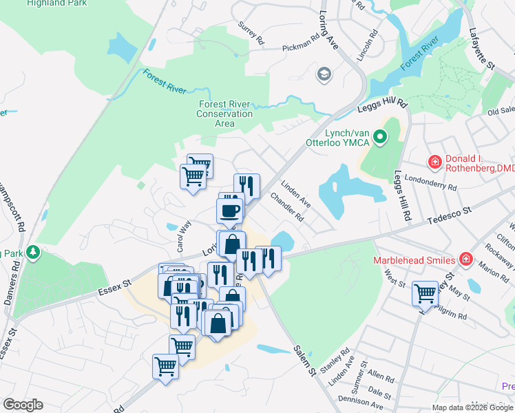 map of restaurants, bars, coffee shops, grocery stores, and more near 2 Elm Avenue in Salem