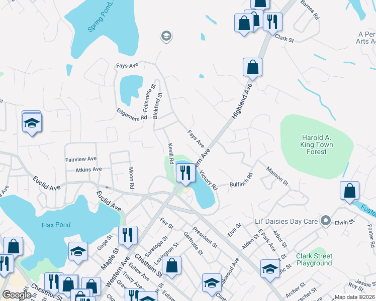 map of restaurants, bars, coffee shops, grocery stores, and more near 26 Monte Road in Lynn