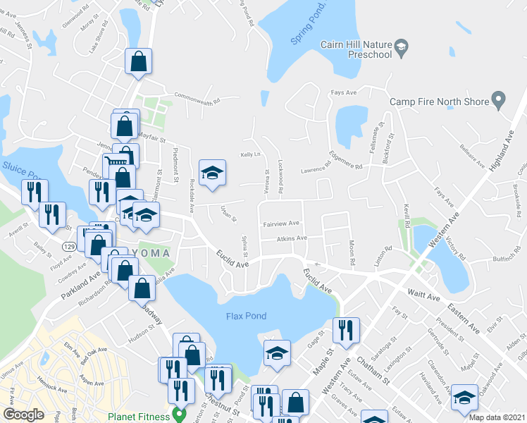 map of restaurants, bars, coffee shops, grocery stores, and more near 9 Maplewood Road in Lynn