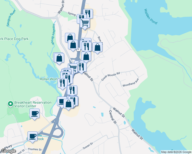 map of restaurants, bars, coffee shops, grocery stores, and more near 200 Walnut Street in Saugus