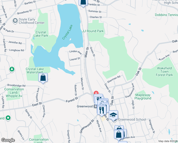 map of restaurants, bars, coffee shops, grocery stores, and more near 820 Main Street in Wakefield