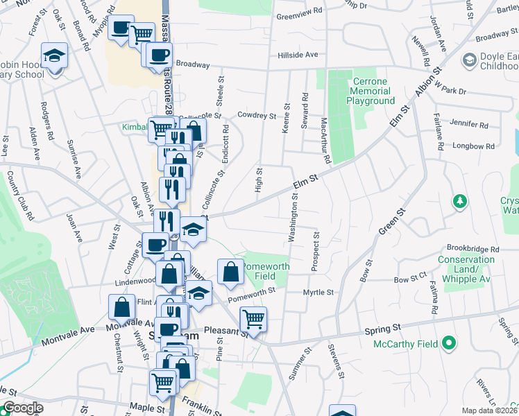 map of restaurants, bars, coffee shops, grocery stores, and more near 63 Elm Street in Stoneham