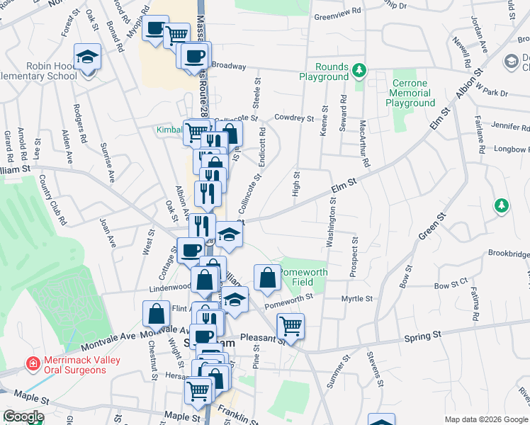 map of restaurants, bars, coffee shops, grocery stores, and more near 48 Elm Street in Stoneham