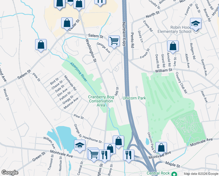 map of restaurants, bars, coffee shops, grocery stores, and more near 20 Mill Street in Woburn