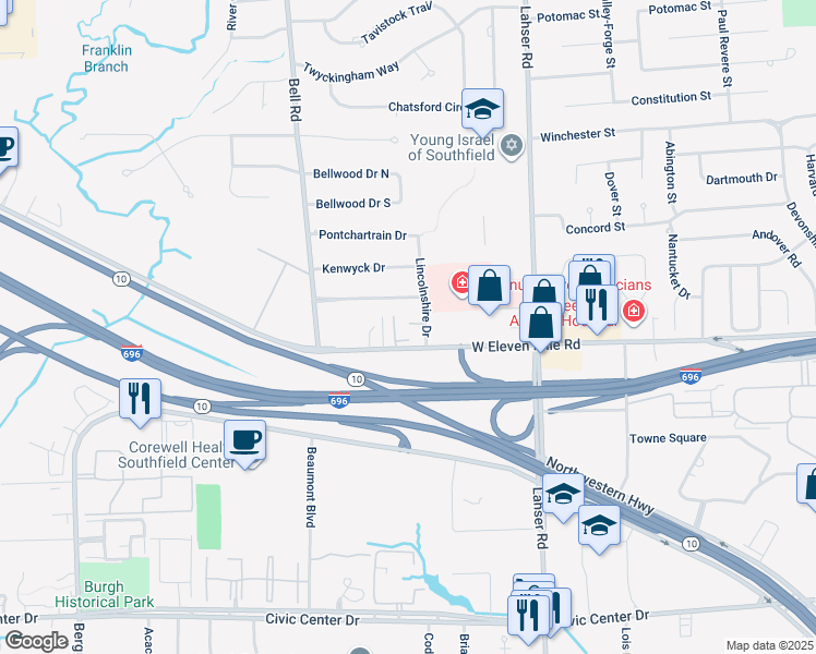 map of restaurants, bars, coffee shops, grocery stores, and more near 27043 Lincolnshire Drive in Southfield