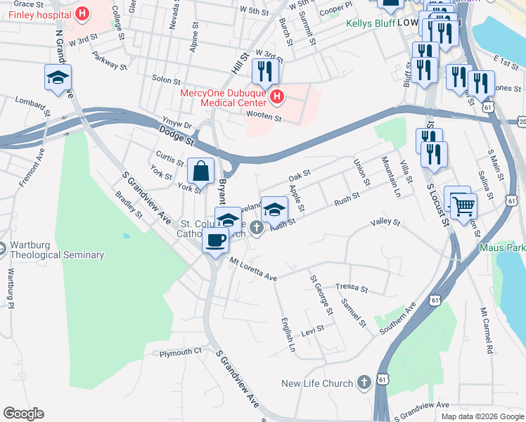 map of restaurants, bars, coffee shops, grocery stores, and more near 1178 Cleveland Avenue in Dubuque