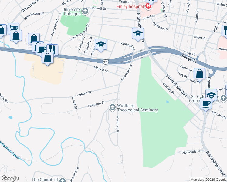 map of restaurants, bars, coffee shops, grocery stores, and more near 1940 Coates Street in Dubuque