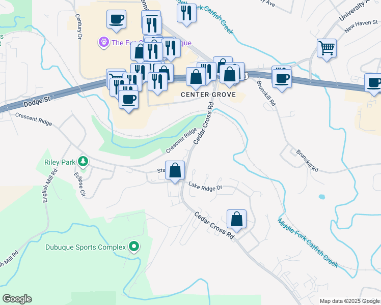 map of restaurants, bars, coffee shops, grocery stores, and more near 301-321 Cedar Cross Road in Dubuque
