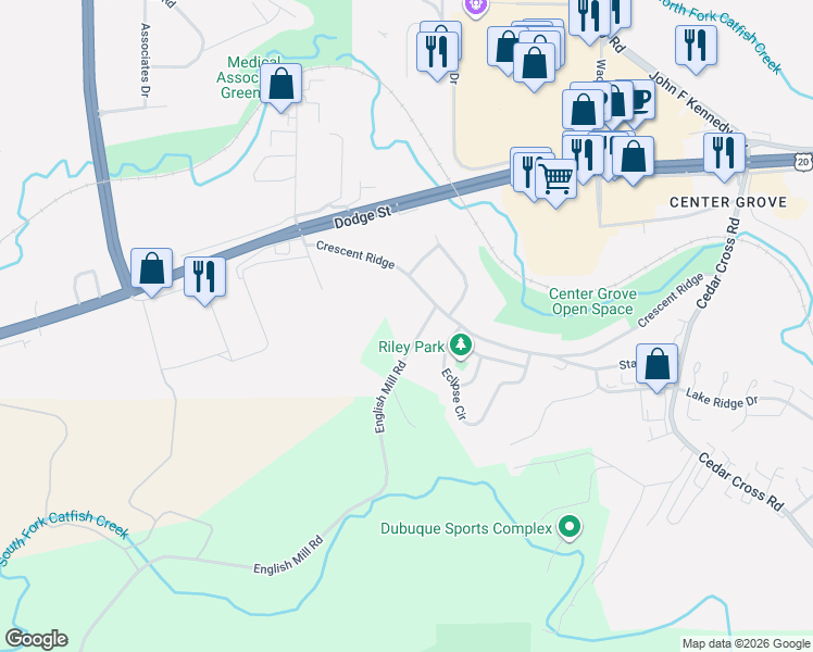 map of restaurants, bars, coffee shops, grocery stores, and more near 13063 English Mill Road in Dubuque