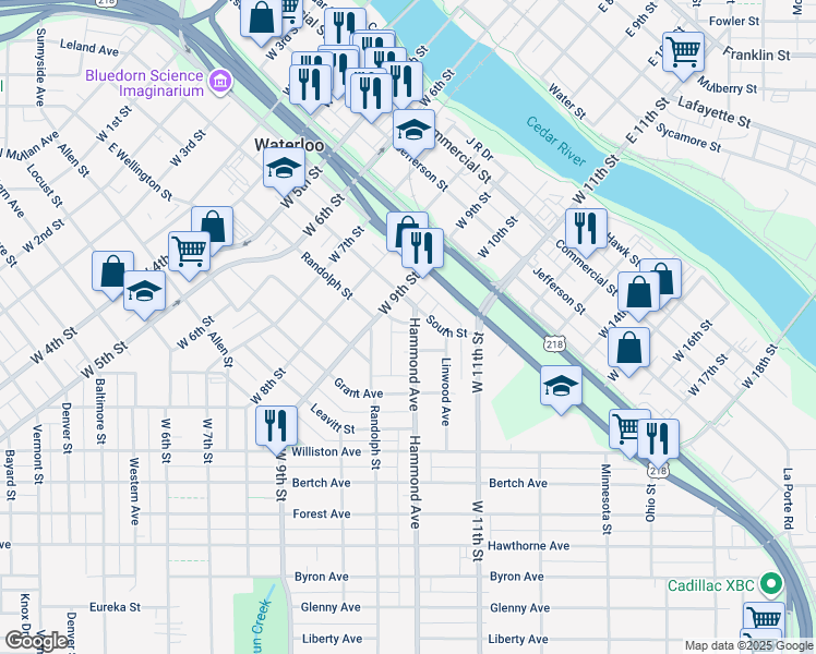 map of restaurants, bars, coffee shops, grocery stores, and more near 119 Hammond Court in Waterloo