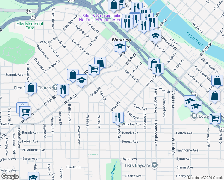 map of restaurants, bars, coffee shops, grocery stores, and more near 930 West 7th Street in Waterloo