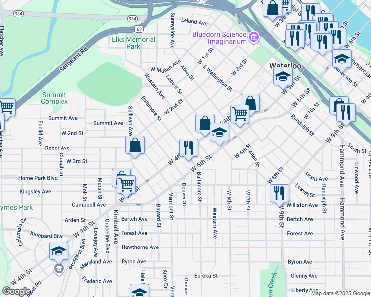 map of restaurants, bars, coffee shops, grocery stores, and more near 1109 West 4th Street in Waterloo