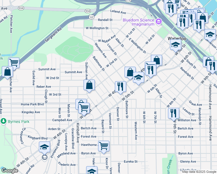 map of restaurants, bars, coffee shops, grocery stores, and more near 434 Baltimore Street in Waterloo