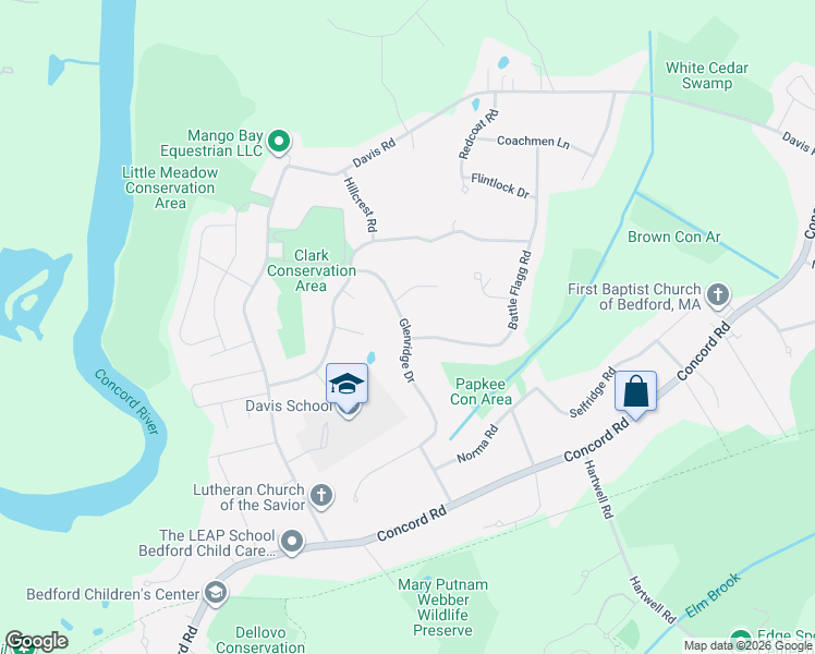 map of restaurants, bars, coffee shops, grocery stores, and more near 12 Glenridge Drive in Bedford