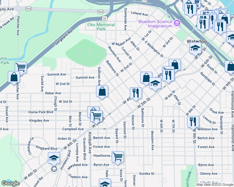 map of restaurants, bars, coffee shops, grocery stores, and more near 412 Denver Street in Waterloo