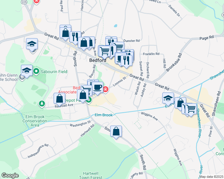 map of restaurants, bars, coffee shops, grocery stores, and more near 38 Loomis Street in Bedford