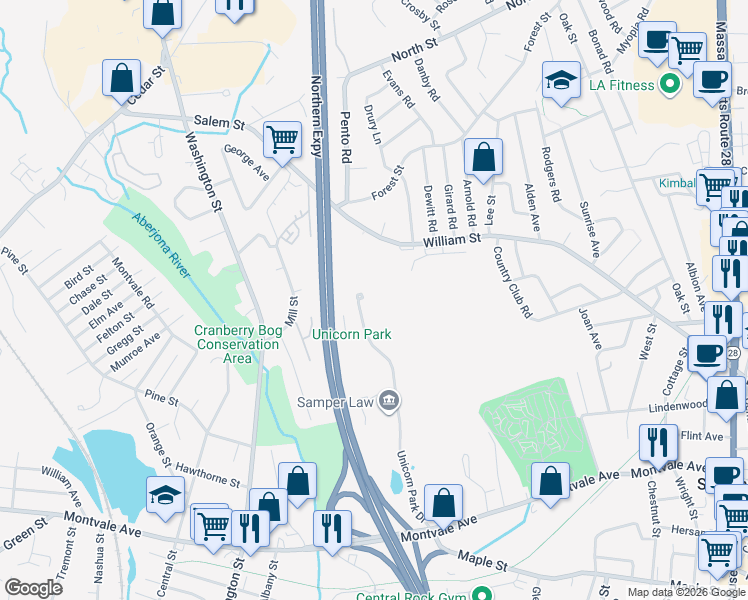 map of restaurants, bars, coffee shops, grocery stores, and more near 500 Unicorn Park Drive in Woburn