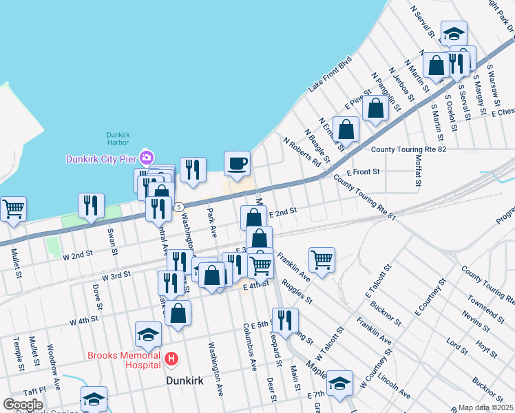 map of restaurants, bars, coffee shops, grocery stores, and more near 113 Main Street in Dunkirk