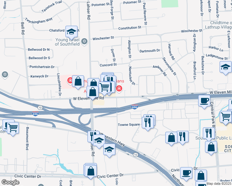map of restaurants, bars, coffee shops, grocery stores, and more near 21650 West Eleven Mile Road in Southfield
