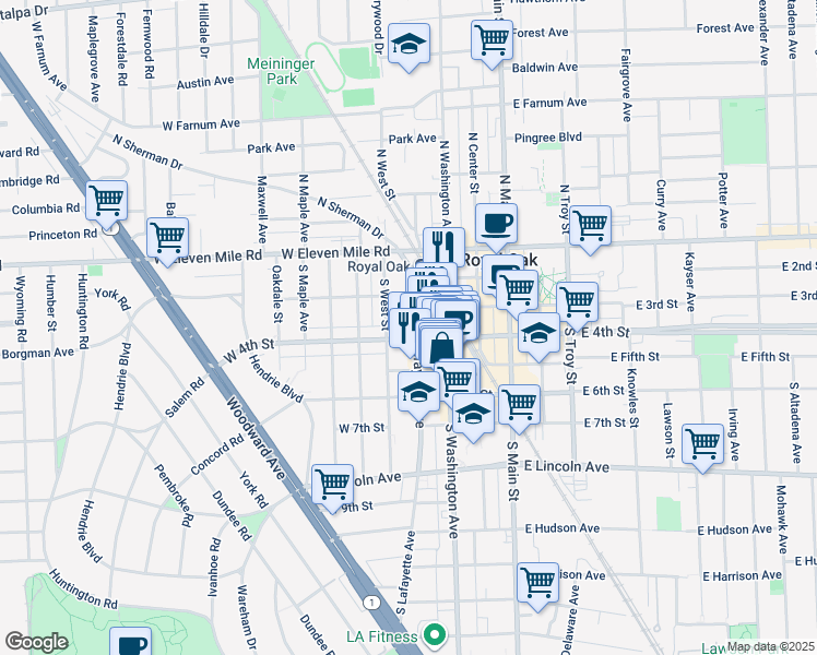 map of restaurants, bars, coffee shops, grocery stores, and more near 400 West 4th Street in Royal Oak