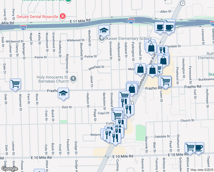 map of restaurants, bars, coffee shops, grocery stores, and more near 16675 Frazho Road in Roseville