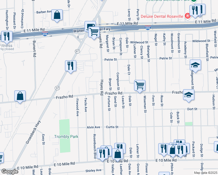 map of restaurants, bars, coffee shops, grocery stores, and more near 26071 Bryan Street in Roseville