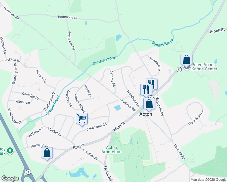 map of restaurants, bars, coffee shops, grocery stores, and more near 37 Newtown Road in Acton