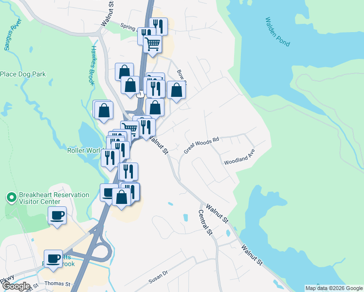 map of restaurants, bars, coffee shops, grocery stores, and more near 15 Kirkland Street in Saugus