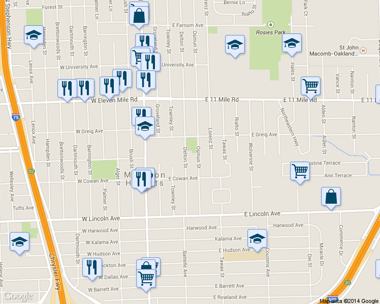 map of restaurants, bars, coffee shops, grocery stores, and more near 26416 Delton Street in Madison Heights