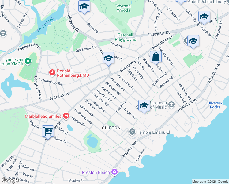 map of restaurants, bars, coffee shops, grocery stores, and more near 18 Pickwick Road in Marblehead
