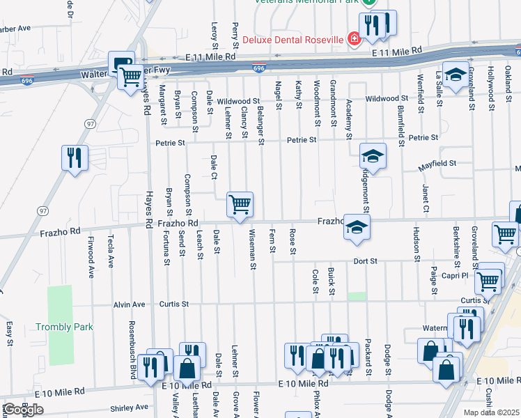 map of restaurants, bars, coffee shops, grocery stores, and more near 26035 Belanger Street in Roseville