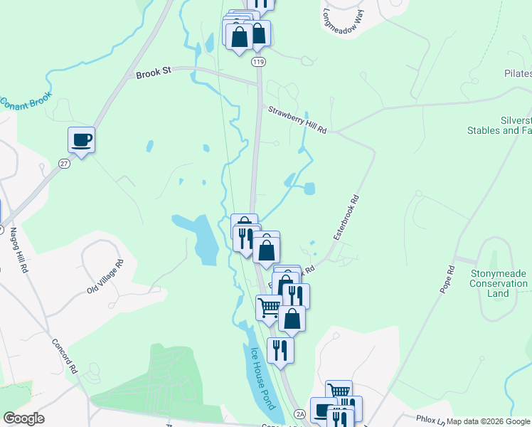 map of restaurants, bars, coffee shops, grocery stores, and more near 187 Great Road in Acton