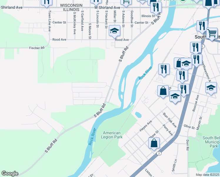 map of restaurants, bars, coffee shops, grocery stores, and more near 616 South Bluff Road in South Beloit