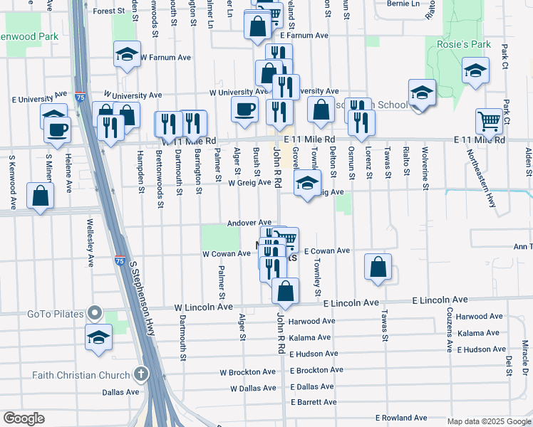 map of restaurants, bars, coffee shops, grocery stores, and more near 26524 Brush St in Madison Heights