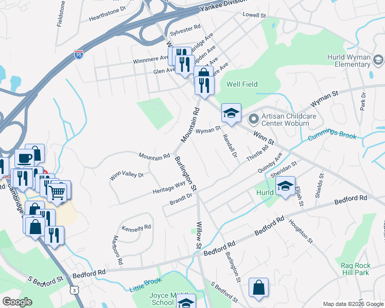 map of restaurants, bars, coffee shops, grocery stores, and more near 6 Manor Avenue in Burlington