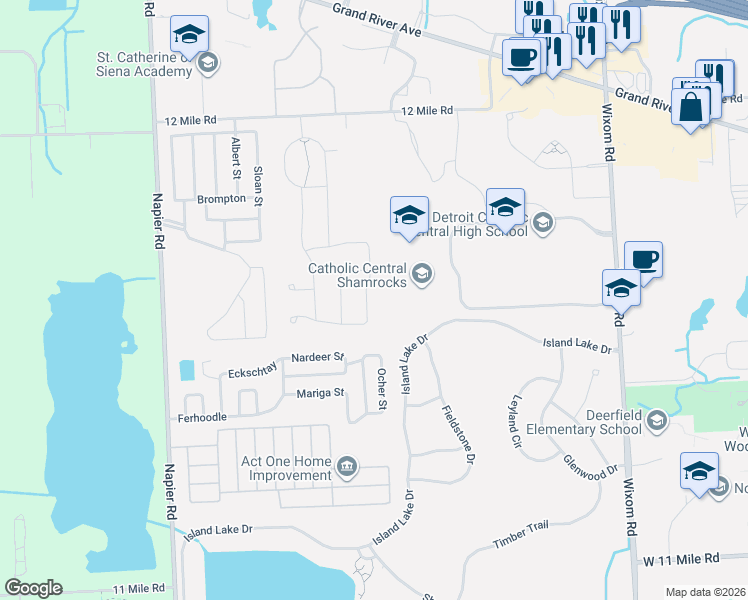 map of restaurants, bars, coffee shops, grocery stores, and more near 50832 Sevilla Circle in Novi