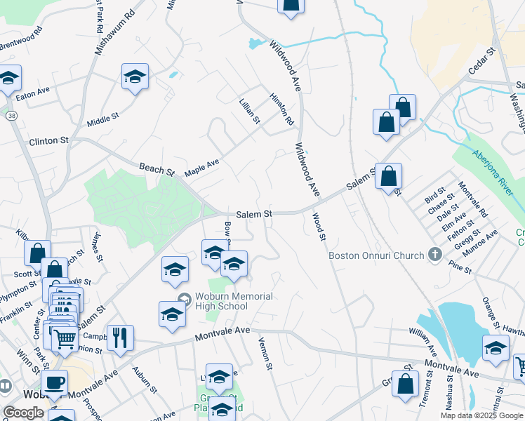 map of restaurants, bars, coffee shops, grocery stores, and more near 170 Salem Street in Woburn