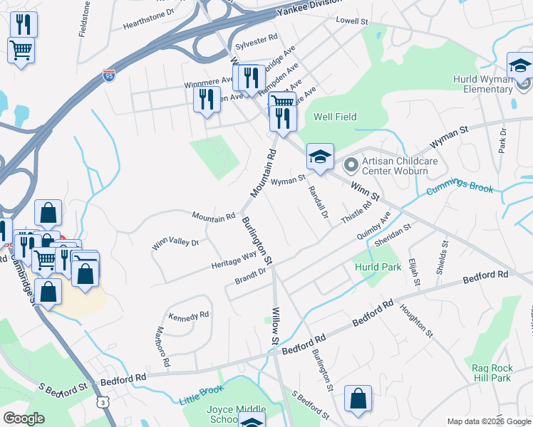 map of restaurants, bars, coffee shops, grocery stores, and more near 6 Manor Avenue in Burlington